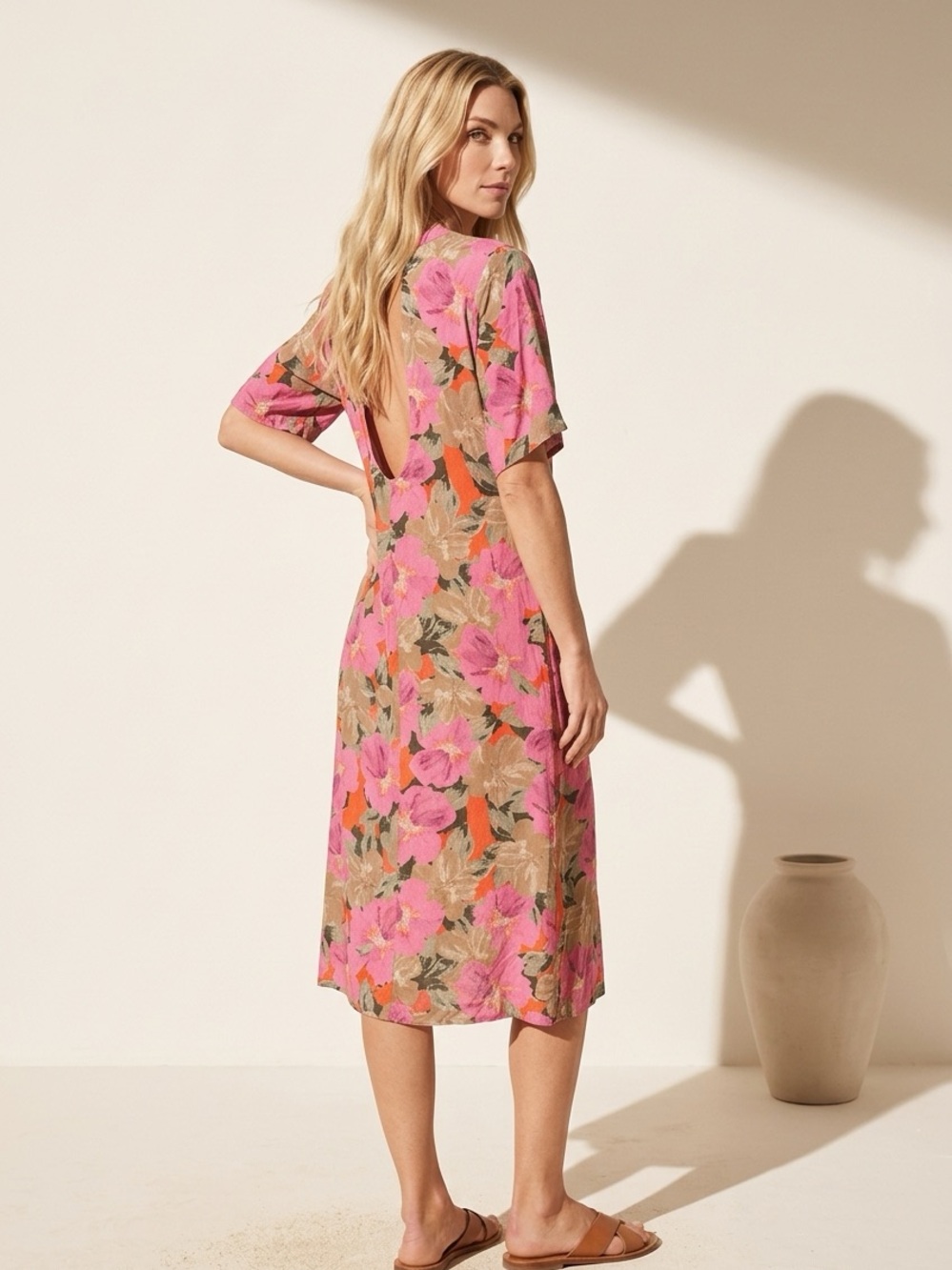 saltwater LUXE Pink and Brown Floral Midi Button-Front Dress